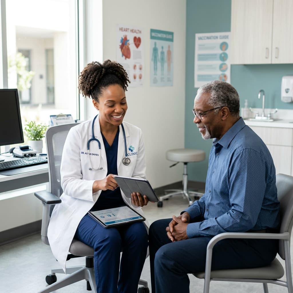 Black doctor consulting with Black patient