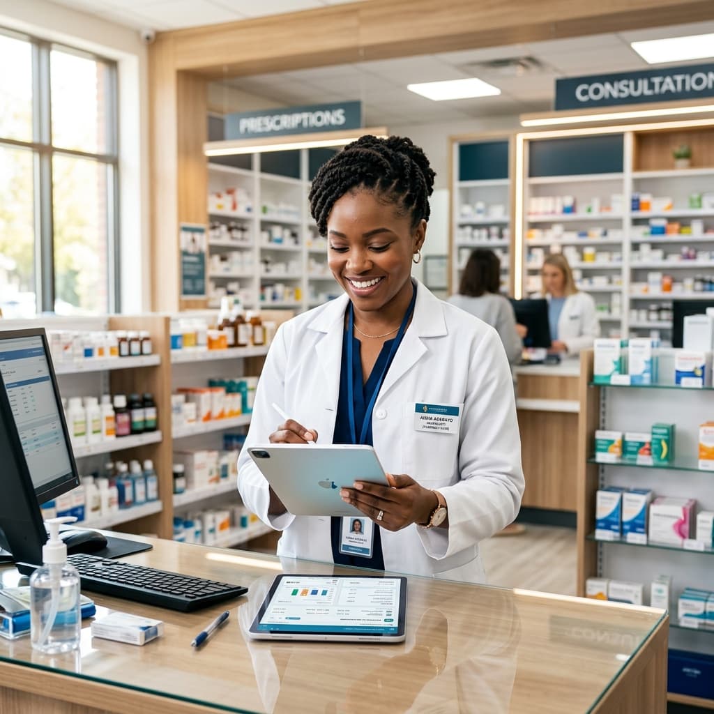 Pharmacist using a tablet